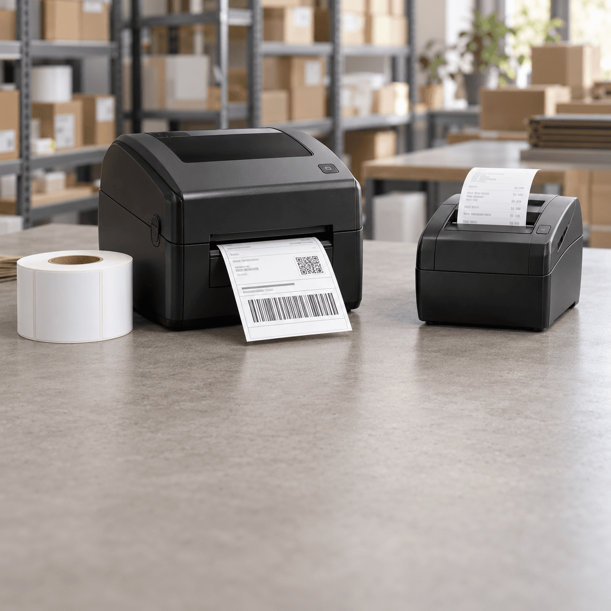 Two black thermal printers printing a shipping label and receipt on a warehouse workbench.