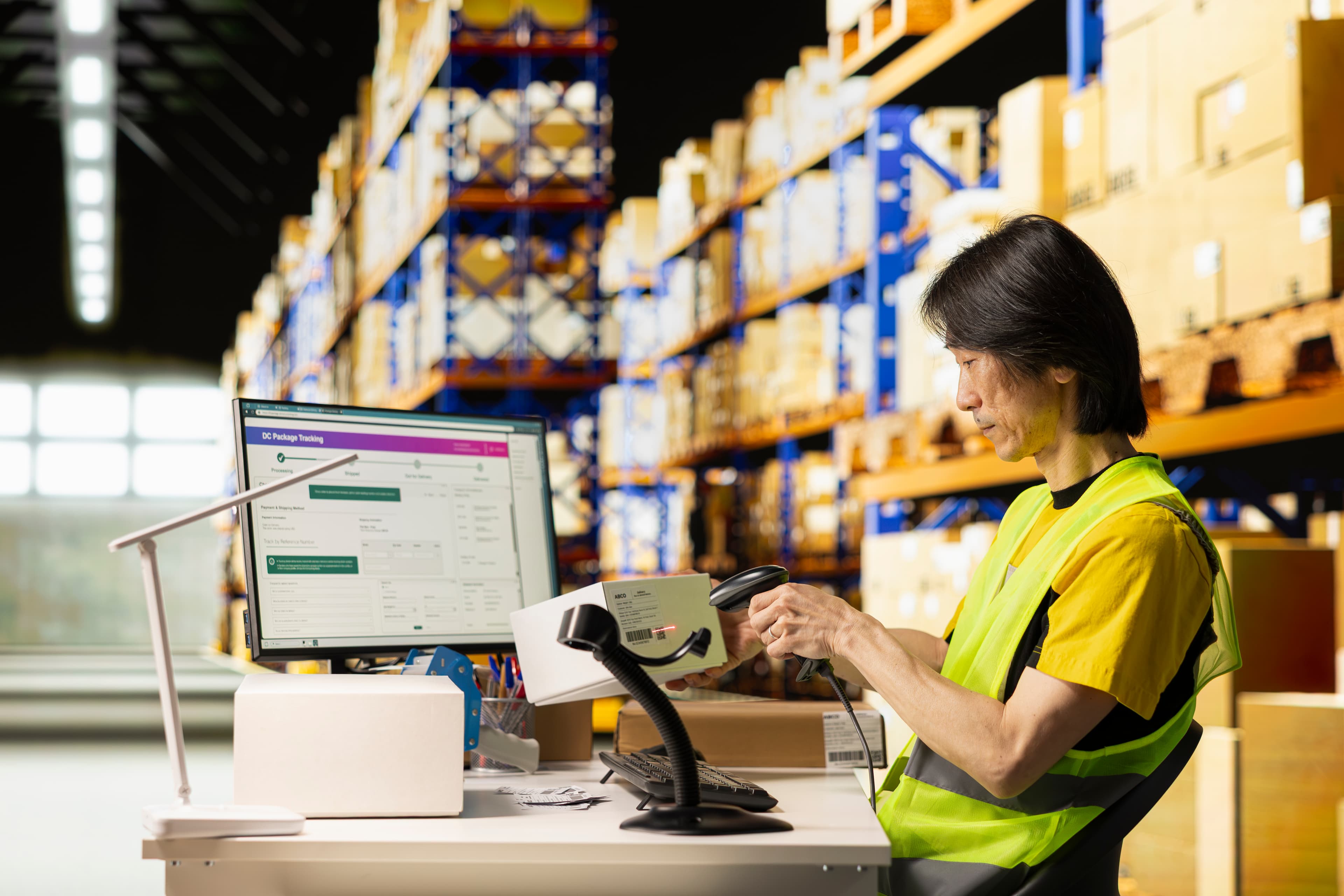 Warehouse worker in a safety vest scans a package at a desk with a monitor.